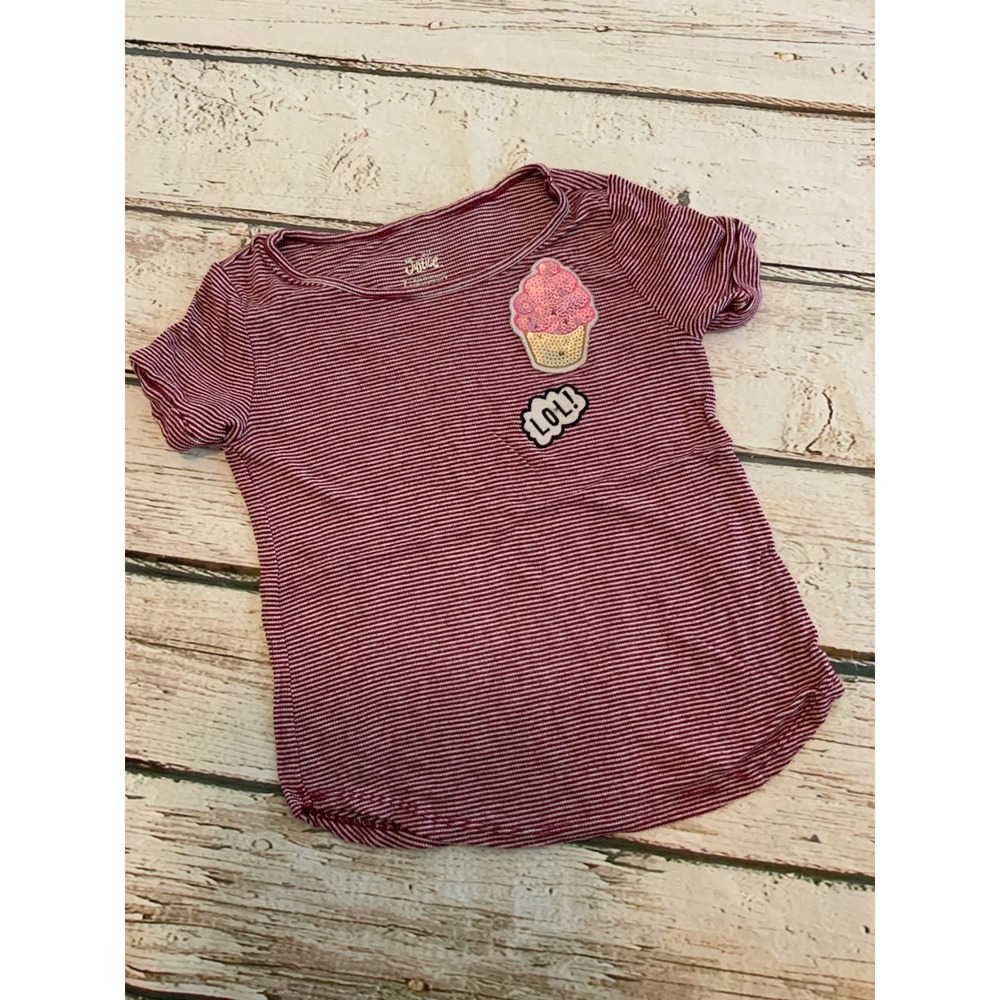 Justice Girls Size 7 Burgundy Striped Sequin Cupcake LOL Patch Short Sleeve Tee